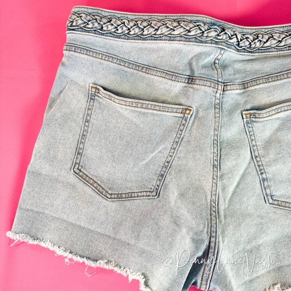 LC Lauren Conrad Crystal Braided High Waist Cut Off Denim Shorts - Picture 11 of 12